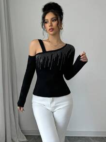 SHEIN Unity Asymmetrical Neck Rhinestone Decor Pullover Sweater, Elegant Women's Top For Autumn/Winter Knit Pullover Fall - Black - View 5