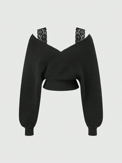 Chandail sexy style français col en V épaules dénudées avec bretelles en dentelle, Top à manches longues