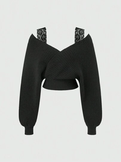 ROMWE Spring/Summer Carnival Party Casual Black Sexy French Style V-Neck Off The Shoulder Lace Strap Pullover Sweater,Long Sleeve Tops