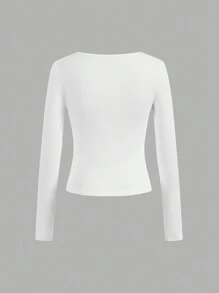 SHEIN Essnce 4 chiếc áo thun tay dài cổ vuông màu trơn đơn giản đa năng dành cho nữ, mùa xuân và mùa hè - Nhiều màu - Xem 5