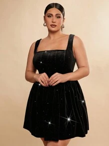 SHEIN BAE Plus Size Women Fall And Winter Black Glitter Velvet Large Square Collar Waist A-Line Mini Dress Suitable For Holiday Birthday Parties Daily Commuting Wear
