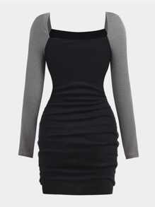 SHEIN Girlism Black & Gray Waist Cinching Fitted Square Neck Long Sleeve Pleated Casual Dress, For Parties And Back To School - Black - View 2
