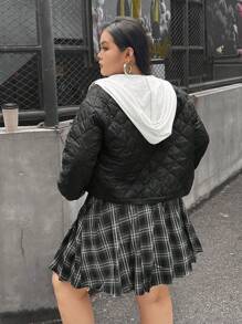 SHEIN EZwear Plus Size Women Patchwork Color Block Drawstring Hooded Padded Coat, Autumn/Winter