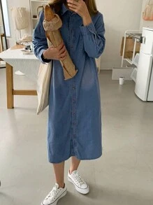 DAZY 纯色双口袋开衩下摆牛仔连衣裙，秋装