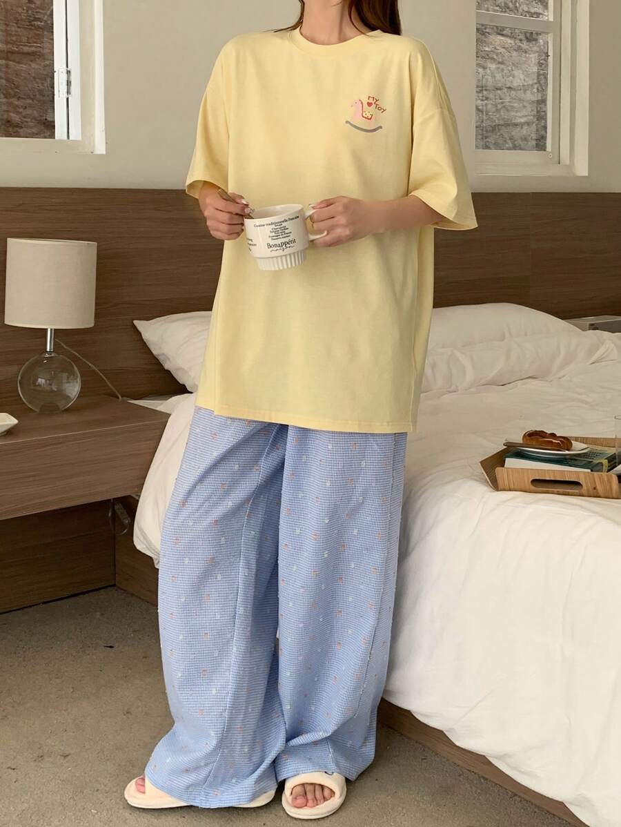 DAZY 可爱木马印花上衣和格子彩色圆点睡裤家居服套装