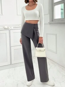 SHEIN PETITE Mid-Rise Pant With Overlapping Fixed Mini Skirt - Grey - View 5