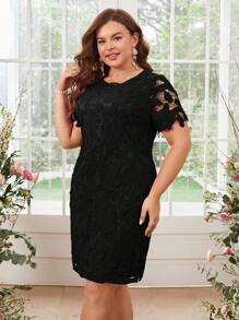 SHEIN Clasi Plus Size Solid Color Black Guipure Laace Round Neck Short Sleeve Simple Casual Mini Dress - Black - View 6