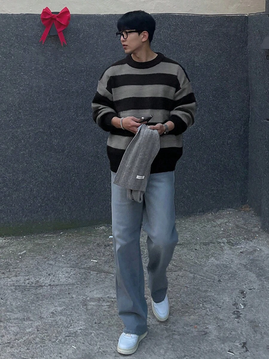 DAZY 男士长袖条纹简约圆领毛衣，秋冬休闲日常穿着 - 彩色 - 查看 1