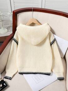 Classic Simple Grey Contrast Stitching Knit Sweater, Casual Hooded Pullover For Girls, Autumn/Winter