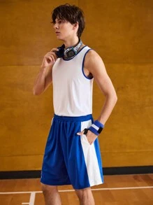 Gym Rark Boyfriend Style Men's Solid Color Patchwork Round Neck Sleeveless Simple Vest And Shorts Sports Suit Gym Set Workout Set - Multicolor - View 8