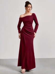 Coutiva 1pc Women's Asymmetrical Neck Long Sleeve Ruched Long Party Gown Dress, Fashion Banquet Party New Year's Eve Festival Socialite Elegant Dress, Wedding Guest Dress, Formal Dress, Evening Dress