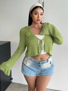 POPSWAY Plus Size Women 3D Crochet Floral Petal Long Sleeve Crop Cardigan, Suitable For All Seasons Indoor/Outdoor Wear, Fashion Crochet Sweater, Winter - Green - View 4