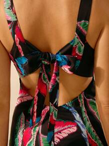 CAJUNI Vestido corto negro de verano casual con estampado de árbol de coco colorido, sin mangas, con lazo y espalda descubierta, estilo boho para playa