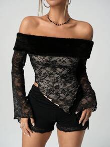 SHEIN ICON 1pc Off-The-Shoulder Lace And Contrast Lining Y2K Black New Years Holiday Long Flare Sleeve Top - Black - View 3