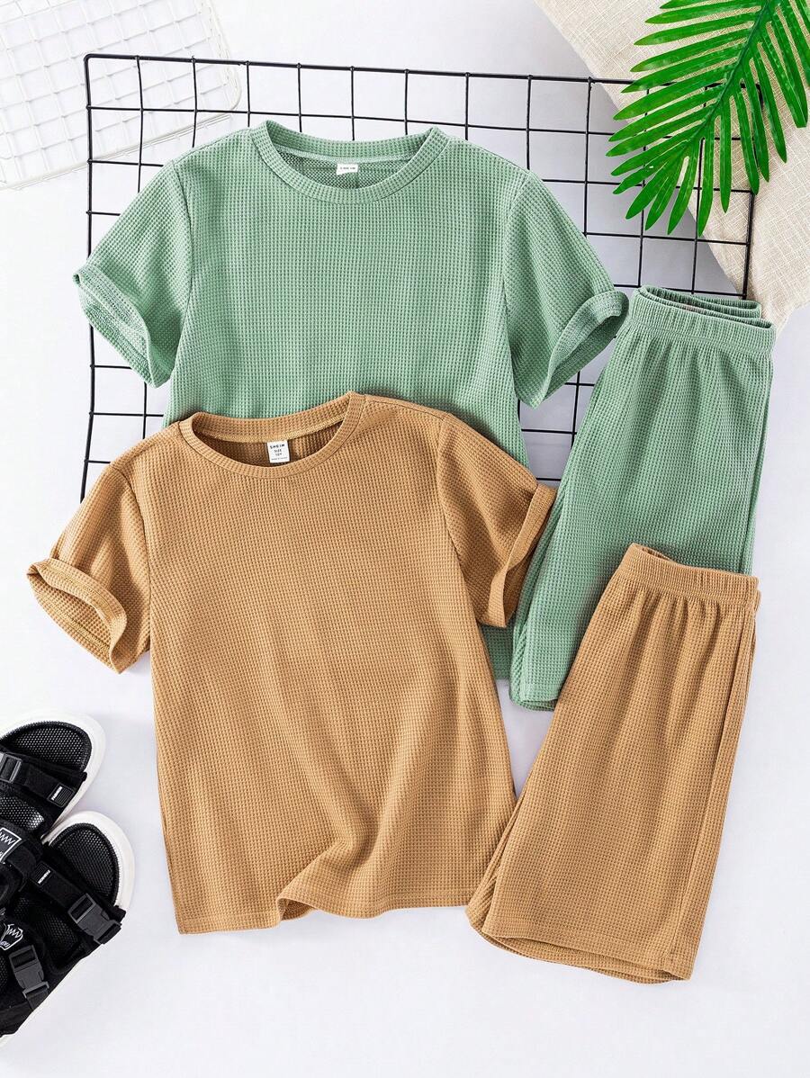 SHEIN 4 件套青少年男孩纯色圆领运动衫、短裤 4 件套休闲套装，适合户外、运动、学校、家居、春夏季