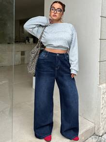 Dripcurv Plus Size Casual Loose Straight Leg Blue Boyfriend Jeans, Fall Women Clothes - Medium Wash - View 5