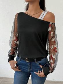 SHEIN LUNE 女士春夏季花卉刺繡不對稱網紗休閒上衣 - 黑色 - 查看 6