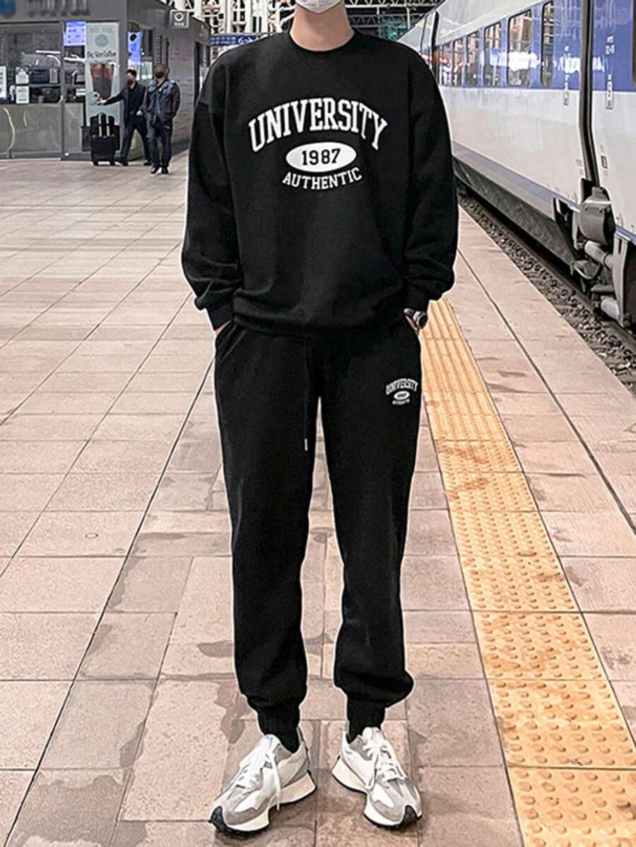 DAZY Men's Letter Print Sweatshirt And Sweatpants Set, Casual - Black - View 1