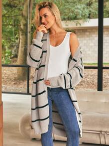 SHEIN Pregnant Women Striped Knitted Cardigan, Casual For Everyday Wear - Brown - View 3