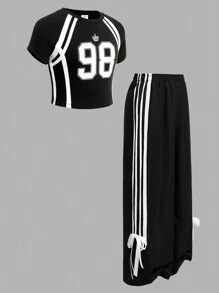 SHEIN Girlism Bộ 2 chiếc áo thun cổ tròn tay ngắn in họa tiết cho bé gái tuổi teen và quần legging - Nhiều màu - Xem 11