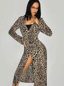 SHEIN ICON 1pc Holiday Outfits Women Y2k Office Siren Outfit Sexy Leopard Print Button Front Fitted Long Sleeve Dress, For Daily Wear - Multicolor - View 3