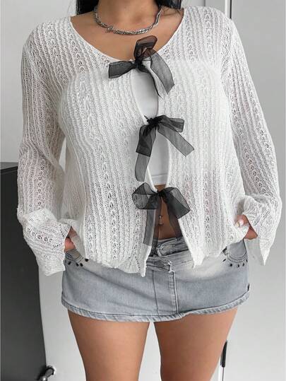 Flirla 大码女式 3D 蝴蝶结钩针喇叭袖开衫，可爱、柔软舒适，适合春、夏、秋季
