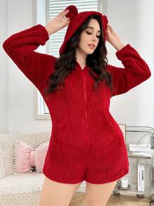 Pijama mono de peluche con capucha con orejas, cremallera y manga larga, talla grande