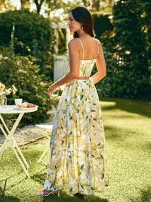 Bộ 2 món áo xoắn không tay in hoa và chân váy nhún bèo, mùa hè - Màu vàng - Xem 2