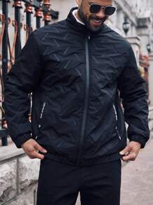Manfinity Homme Große Größen Jacke mit Reißverschluss und Bändchenkragen für Herren, schwarze Winterjacke mit langen Ärmeln für Ausgehen, warm und lässig, Geschenkidee für Freunde, Ehemann, Freund - Schwarz - Übersicht 3