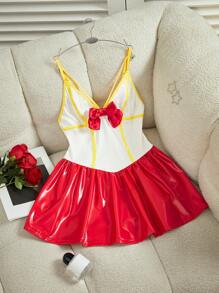 Vestido de noche con bloque de color y lazo para mujer, disfraz - Rojo - Ver 6