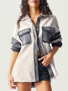 Bohemela Casual Patchwork Contrast Collar Long Sleeve Loose Fit Women Jacket - Black - View 4