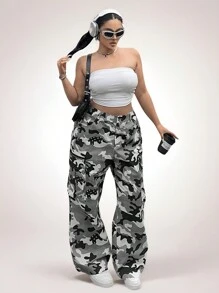 Flirla 大码前扣口袋休闲迷彩裤，适合日常穿着 - 灰色 - 查看 7