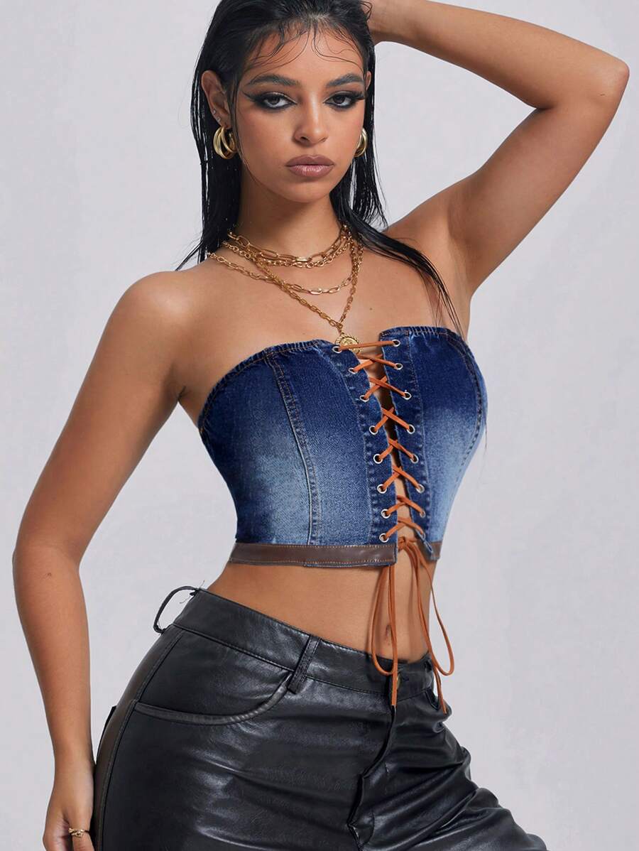SHEIN ICON Damen Jeans Crop Top mit Schleife, stilvoll und sexy - Blau - Übersicht 1