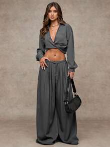 SHEIN BAE Quần dài xếp ly ống rộng màu xám trơn đa năng cho nữ, thích hợp mặc đi làm/đi chơi hàng ngày, phong cách đơn giản và cổ điển - Xám - Xem 3