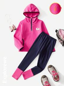 SHEIN Tween Girl 秋冬字母印花拉链连帽衫和裤子休闲两件套 - 粉色 - 查看 1