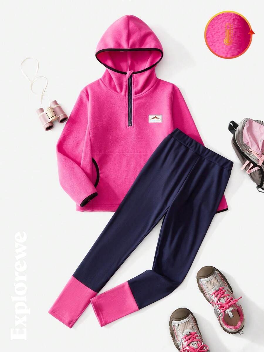 SHEIN Tween Girl 秋冬字母印花拉链连帽衫和裤子休闲两件套 - 粉色 - 查看 1