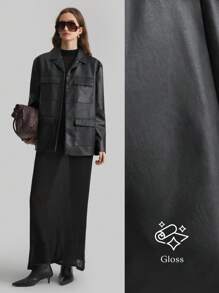 Ontre 女式 2025 新款春季休闲黑色夹克，带口袋，PU 正面纽扣，长袖，简约风格 - 黑色 - 查看 2