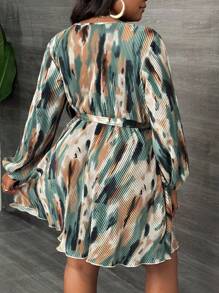 Slaydiva Elegantes, pendeltaugliches, Party, Date, Urlaubs Bodycon Langarm Kreuzgurte Taillenzugband A-Linie Batikdruck Mini Kleid, Große Größen, Frühling/Sommer/Herbst