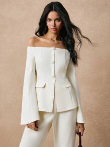 Poéselle Bộ đồ màu be, trang phục hai mảnh, áo dài tay, bộ đồ hai mảnh cho nữ, bộ đồ thanh lịch cho nữ, bộ đồ trễ vai tay loe màu trơn 2 món cho nữ và quần, thanh lịch, phù hợp cho hàng ngày, đi làm, ra phố, hẹn hò và những dịp khác - Màu be - Xem 2