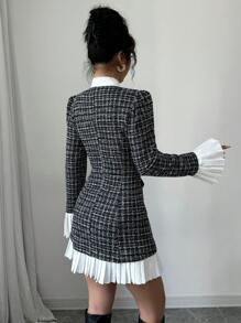 Selianne Women's Autumn/Winter Bowknot Neck Colorblock Plaid Pleated Short Dress Fall Cloth For Women