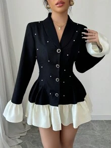 Rafferiza Women's Slim Fit Shawl Neck Splicing Ruffle Business Blazer Fall Cloth For Women - Black - View 6