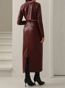 Aveloria Modichic Conjunto de 2 piezas de moda de otoño con chaqueta simple de PU y falda larga para ropa de fiesta de vacaciones