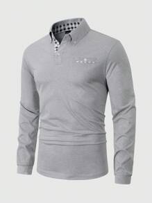 Manfinity Homme Men's Plus Size Solid Color Splicing Front Button Casual Long Sleeve Polo Shirt