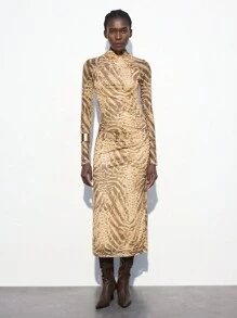 Maija Váy dài tay in họa tiết động vật màu mơ cho nữ, vải lưới dệt kim, dáng ôm, thích hợp cho đầu xuân - Nhiều màu - Xem 3