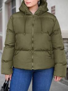 SHEIN Cottnline Plus Size Solid Long Sleeves Zip Up Hooded Padded Coat - Army Green - View 4
