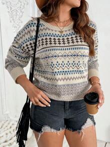 SHEIN LUNE Plus Size Jacquard Knit Crew Neck Sweater, Casual Everyday Wear - Multicolor - View 1