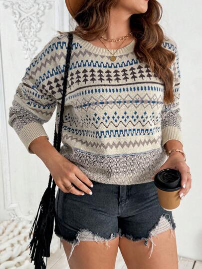 SHEIN LUNE 大码提花针织圆领毛衣，日常休闲穿着