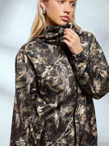 Easelle Chaqueta cortavientos casual de tejido con capucha con cordón y estampado botánico de otoño para mujer - Verde militar - Ver 6