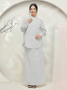 Veilorie Baju Kebaya Black & White Striped Women's Long Blouse And Skirt Two-Piece Set Modest