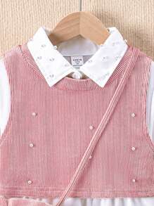 SHEIN Tween-Mädchen 3-teiliges Westenset mit Perlendekor und weißem, langärmeligem Lässig Hemdkleid, einschließlich 1 Umhängetasche, Herbst-/Winterset